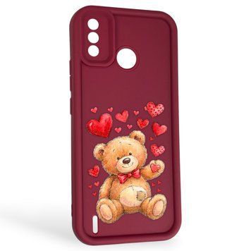 Чохол силіконовий Soft Touch з 3D принтом милий ведмедик для Tecno Spark 6 Go (KE5) бордовий (Повний захист камери) 0045017 фото