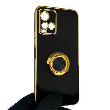 Чехол для Vivo Y21 с кольцом-подставкой с золотой окантовкой на виво у21 черный gs1 0020741 фото