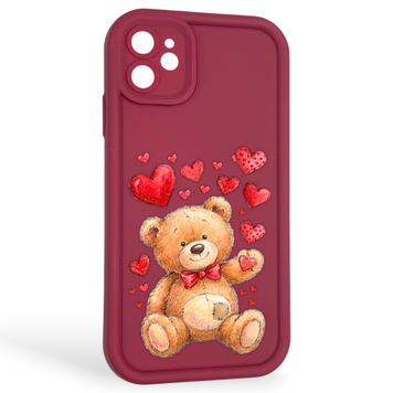 Чохол силіконовий оригінальний Soft Touch з 3D принтом милий ведмедик для Apple iPhone 11 бордовий (Повний захист камери) 0043190 фото