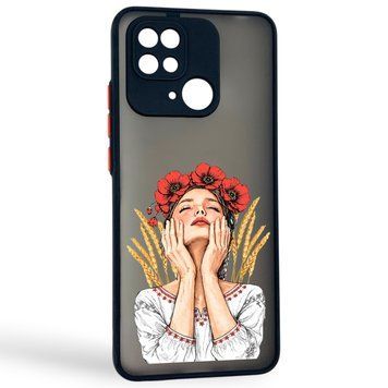 Чохол для телефона Xiaomi POCO C40 с 3D принтом дівчина маки колоски із захистом камери чорний 0059262 фото