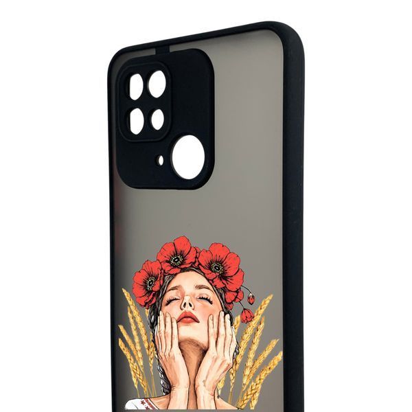 Чохол для телефона Xiaomi POCO C40 с 3D принтом дівчина маки колоски із захистом камери чорний 0059262 фото