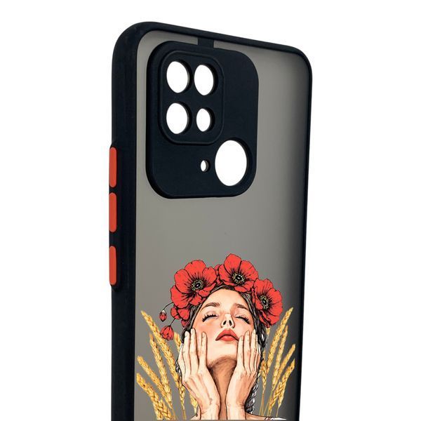 Чохол для телефона Xiaomi POCO C40 с 3D принтом дівчина маки колоски із захистом камери чорний 0059262 фото