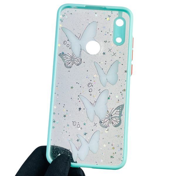 Чехол для Huawei Y6 2019 с блёстками с бабочками на хуавей у6 2019 бирюзовый 0037533 фото