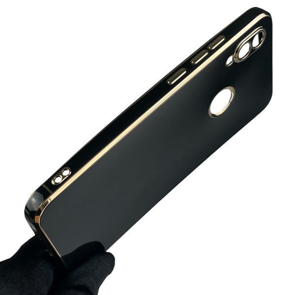 Чехол для Xiaomi Redmi Note 7 глянцевый с золотой окантовкой с защитой камеры на сяоми редми нот 7 чёрный 0008343 фото