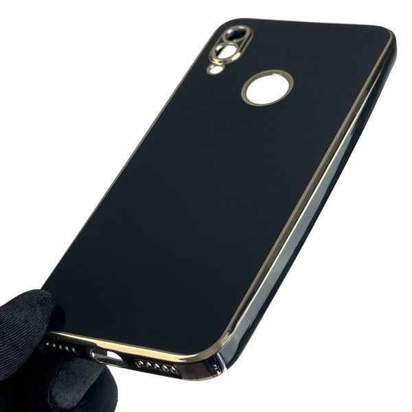 Чехол для Xiaomi Redmi Note 7 глянцевый с золотой окантовкой с защитой камеры на сяоми редми нот 7 чёрный 0008343 фото