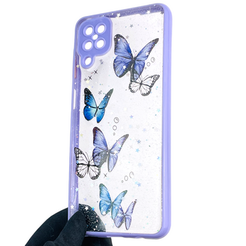 Чехол для Samsung Galaxy M12 (SM-M127F) с блёстками с бабочками на самсунг м12 сиреневый 0037837 фото