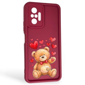Чехол силиконовый Soft Touch с 3D принтом милый мишка для Xiaomi Redmi Note 10 Pro 4G бордовый (Полная защита камеры) 0044859 фото
