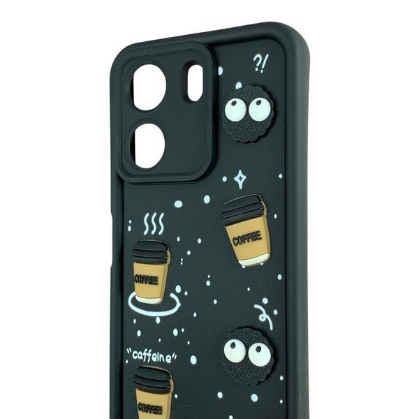 Чехол для Xiaomi Poco C65 черный с 3D фигурками (кофе, софт-тач) 0062421 фото