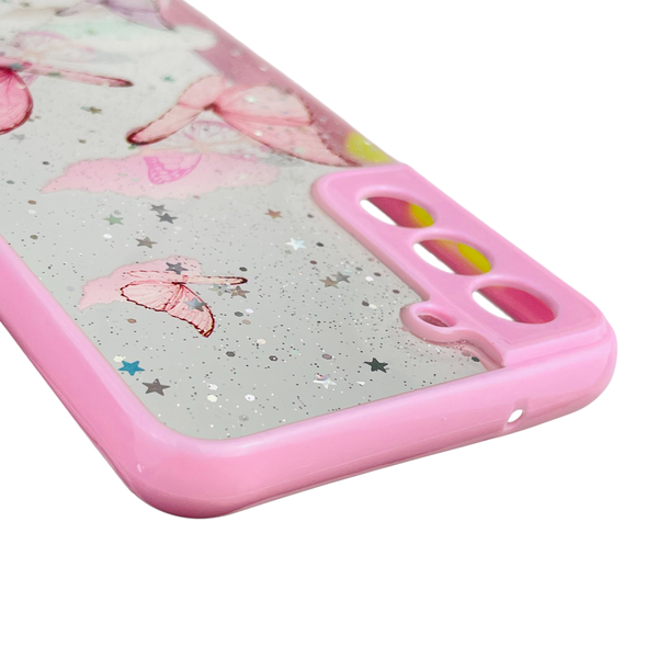Чехол для Samsung Galaxy S21 FE (SM-G990B) с блёстками с бабочками на самсунг с21 фе розовый 0037687 фото
