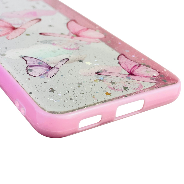 Чехол для Samsung Galaxy S21 FE (SM-G990B) с блёстками с бабочками на самсунг с21 фе розовый 0037687 фото