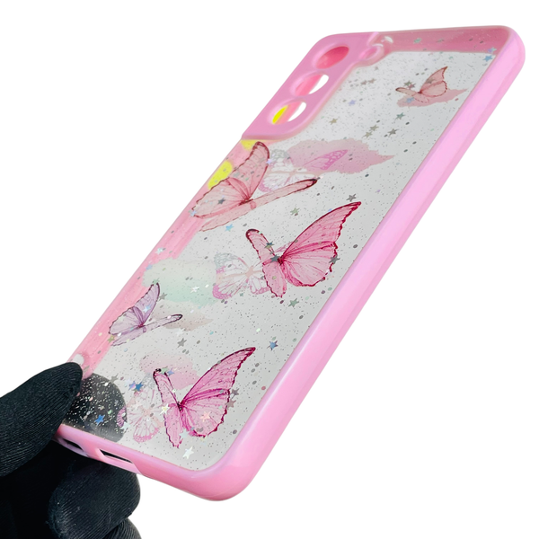 Чехол для Samsung Galaxy S21 FE (SM-G990B) с блёстками с бабочками на самсунг с21 фе розовый 0037687 фото